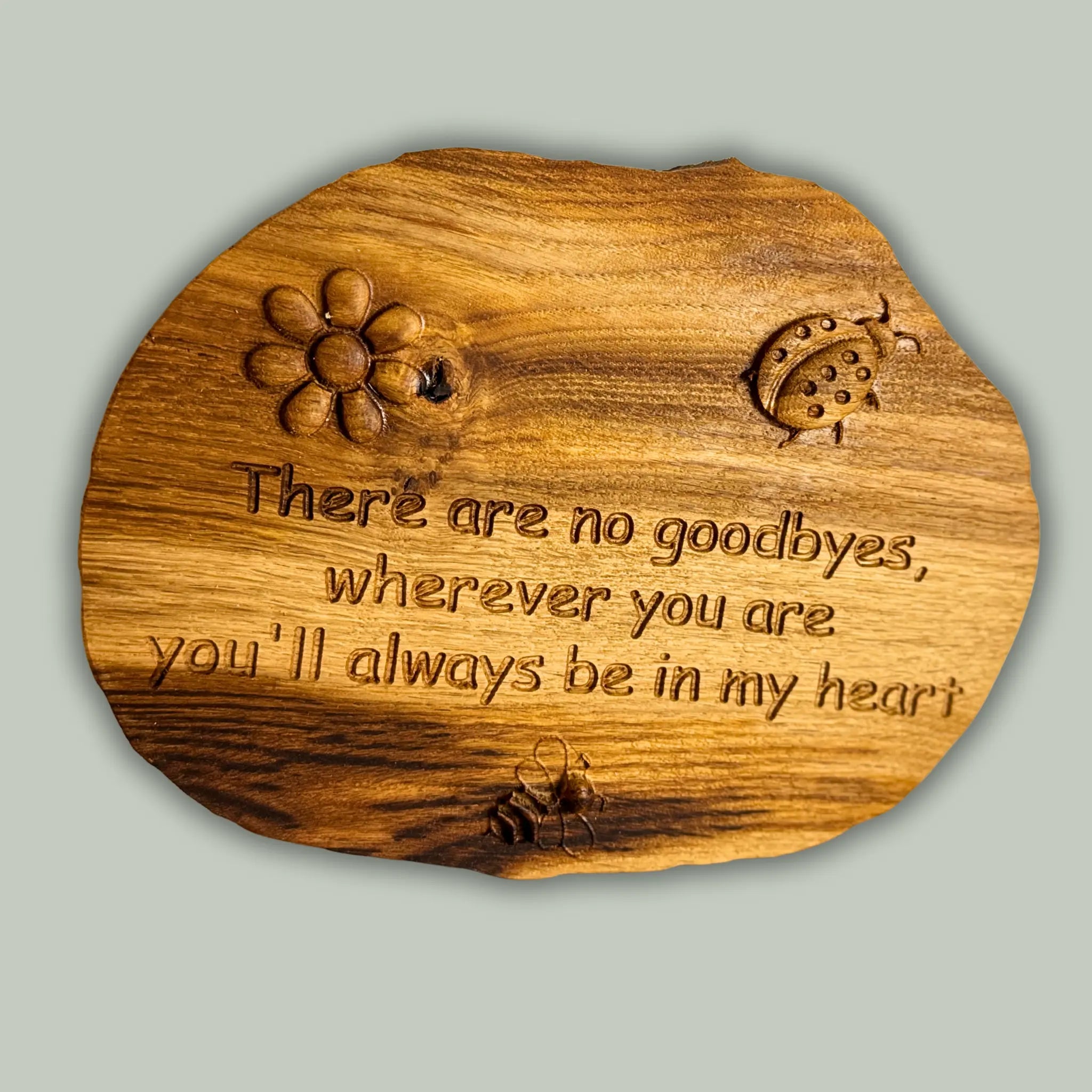 Handcrafted deep wooden garden memorial stone - With 3D ladybird, bee & flower details