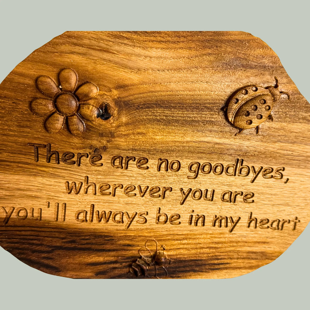 Handcrafted deep wooden garden memorial stone - With 3D ladybird, bee & flower details