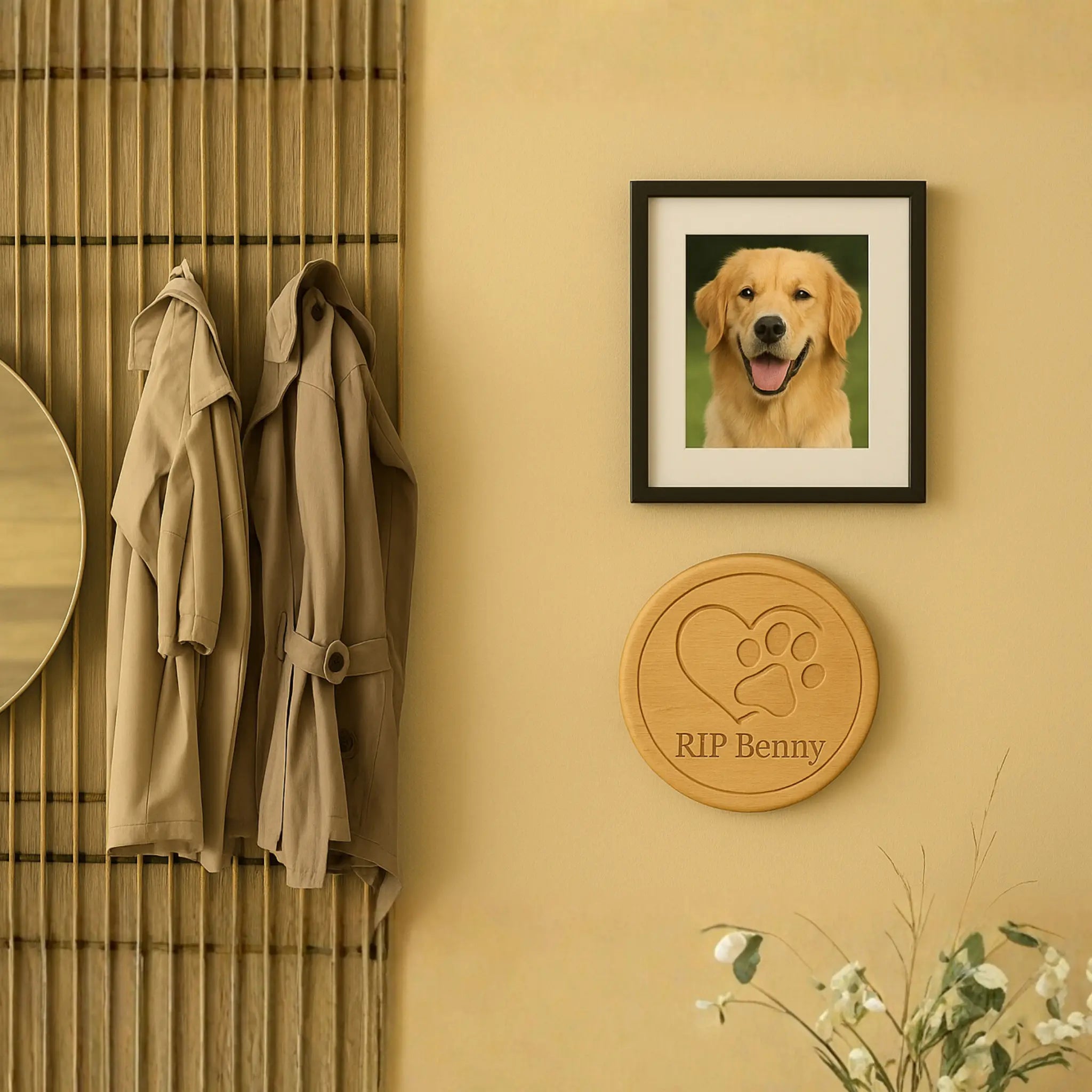 Personalised Round Wooden Pet Memorial - Paw & Heart