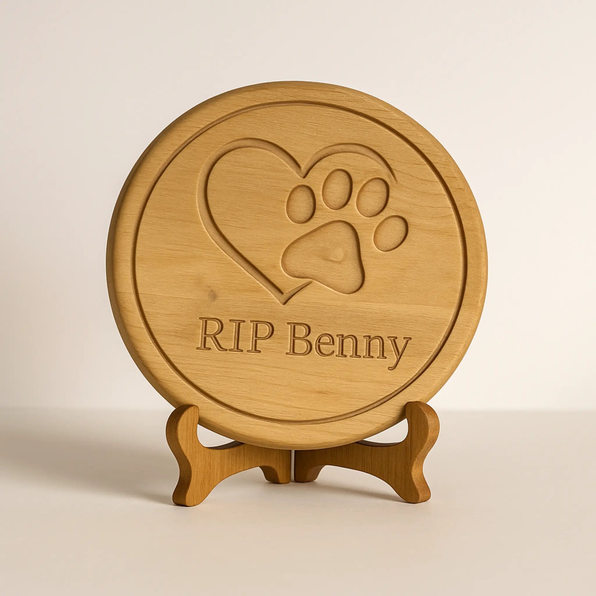 Personalised Round Wooden Pet Memorial - Paw & Heart