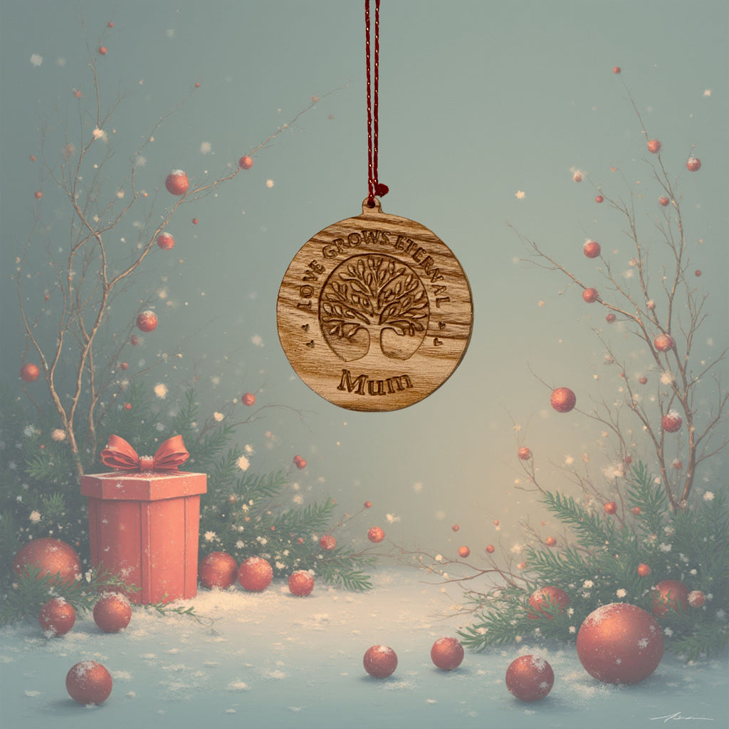 Wooden ornament with 'Mum' engraved, surrounded by festive decorations on a snowy background