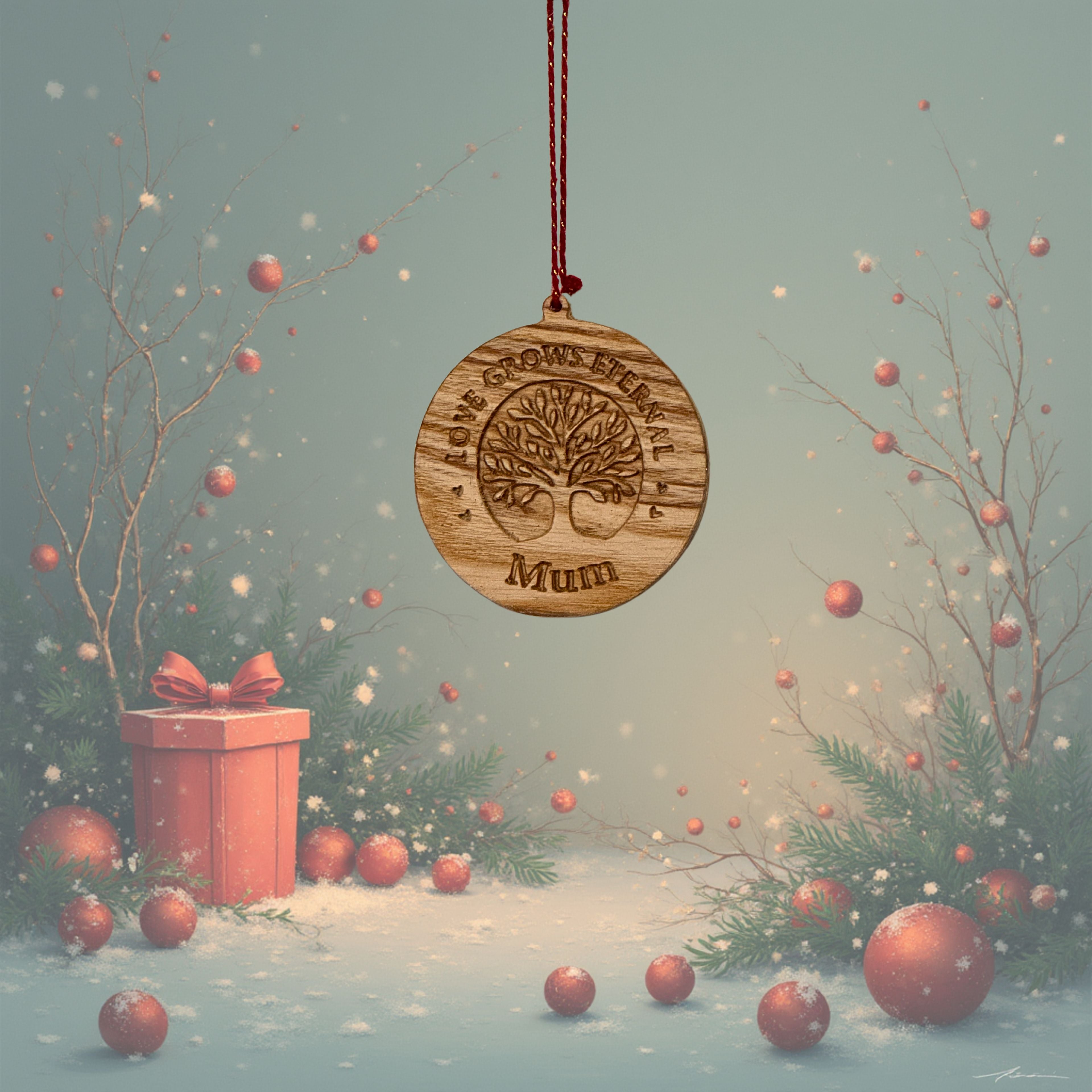 Wooden ornament with 'Mum' engraved, surrounded by festive decorations on a snowy background