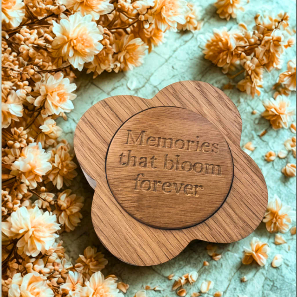Wooden flower-shaped trinket box with 'Memories that bloom forever' engraving on a floral background
