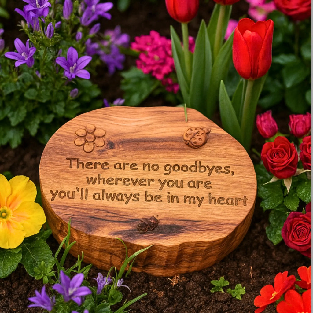 Handcrafted deep wooden garden memorial stone - With 3D ladybird, bee & flower details