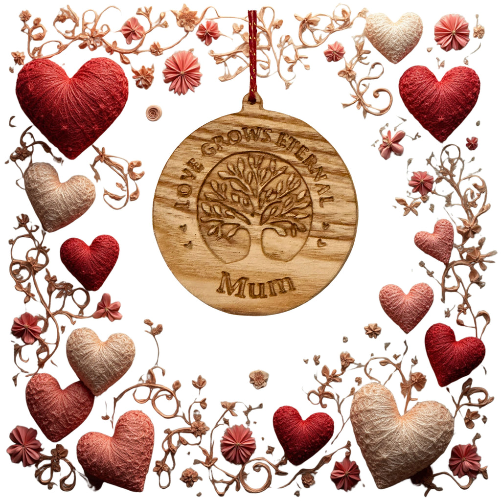 Wooden ornament with 'Love Grows Eternal Mum' engraving surrounded by heart shapes and floral designs.