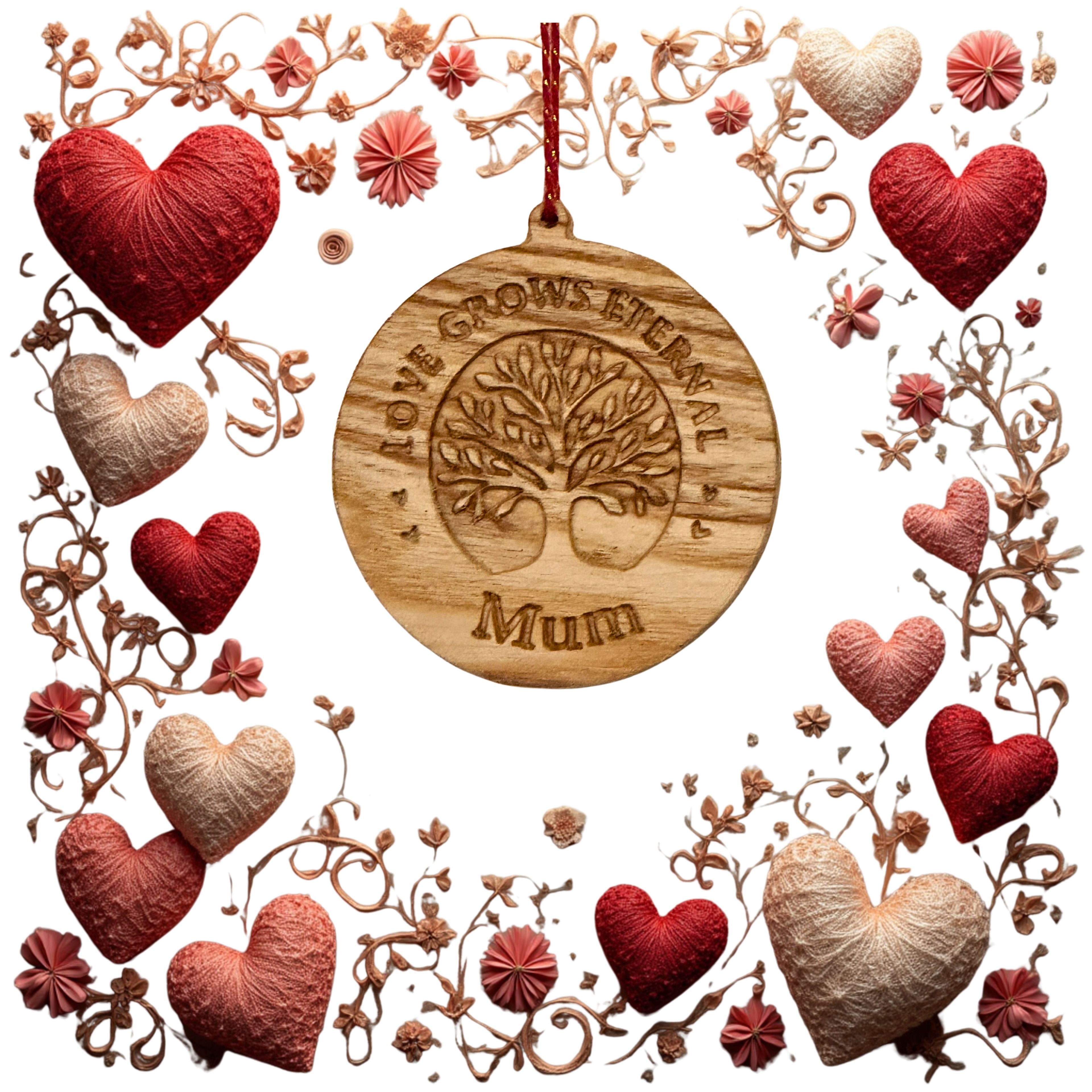Wooden ornament with 'Love Grows Eternal Mum' engraving surrounded by heart shapes and floral designs.