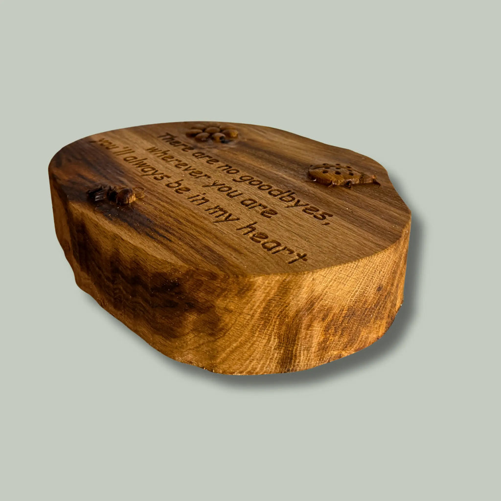 Handcrafted deep wooden garden memorial stone - With 3D ladybird, bee & flower details