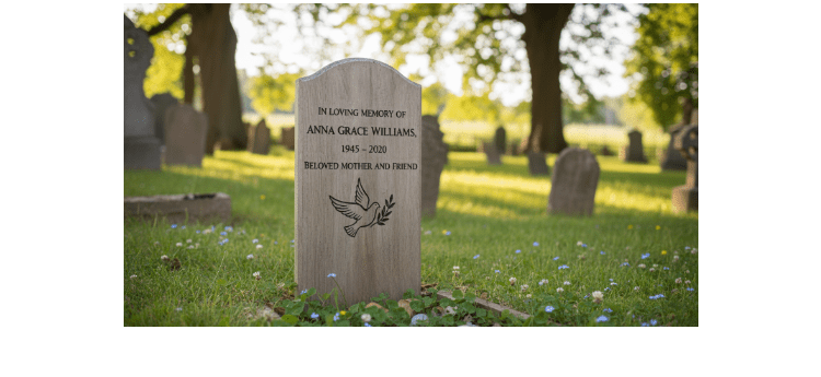 Gravestone in a cemetery with engraved text and a dove design.