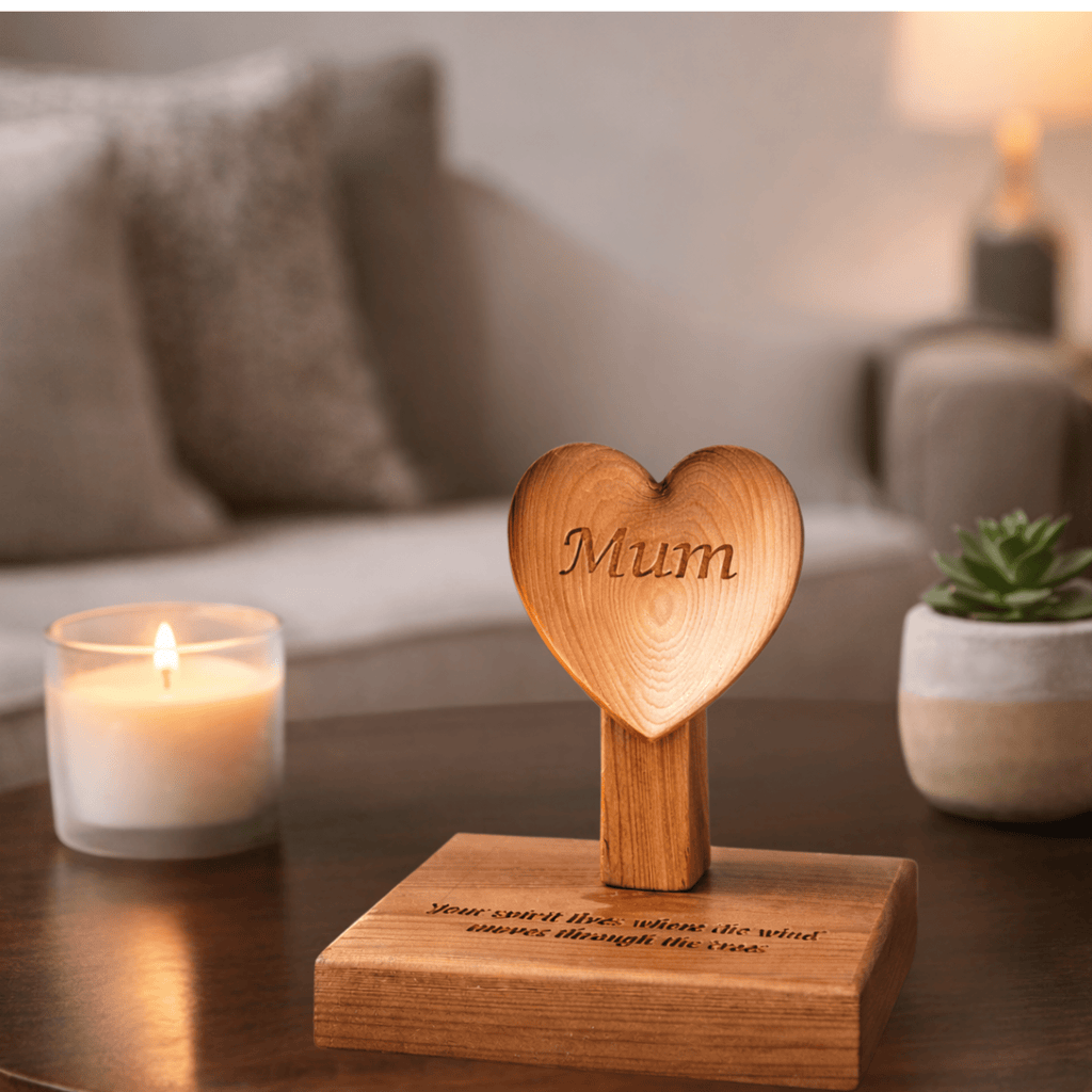 Wooden heart-shaped ornament with 'Mum' engraved, placed on a wooden base in a living room setting.